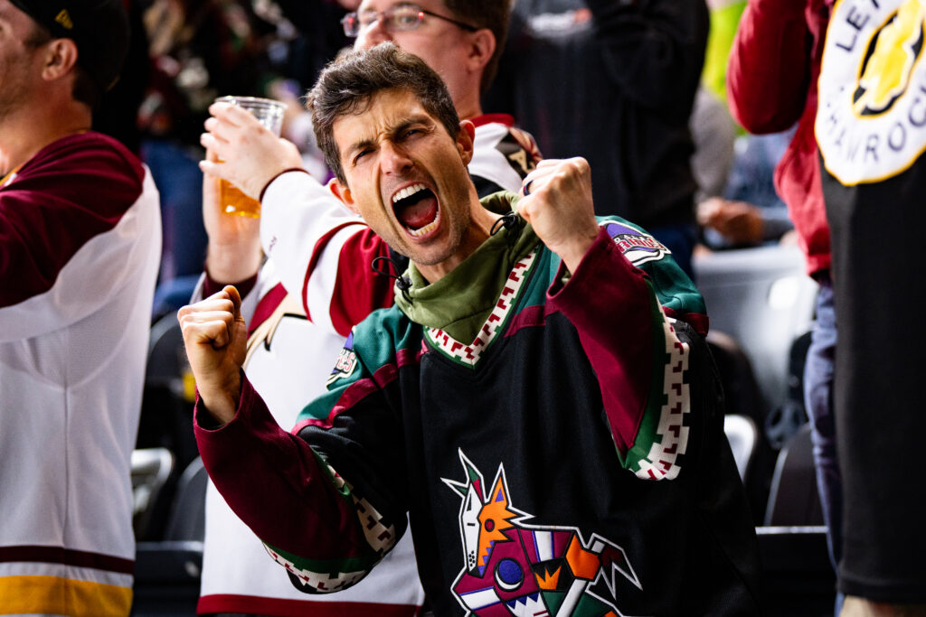 A fan approves of Josh Doan's NHL debut for the Arizona Coyotes at Mullett Arena on Tuesday.