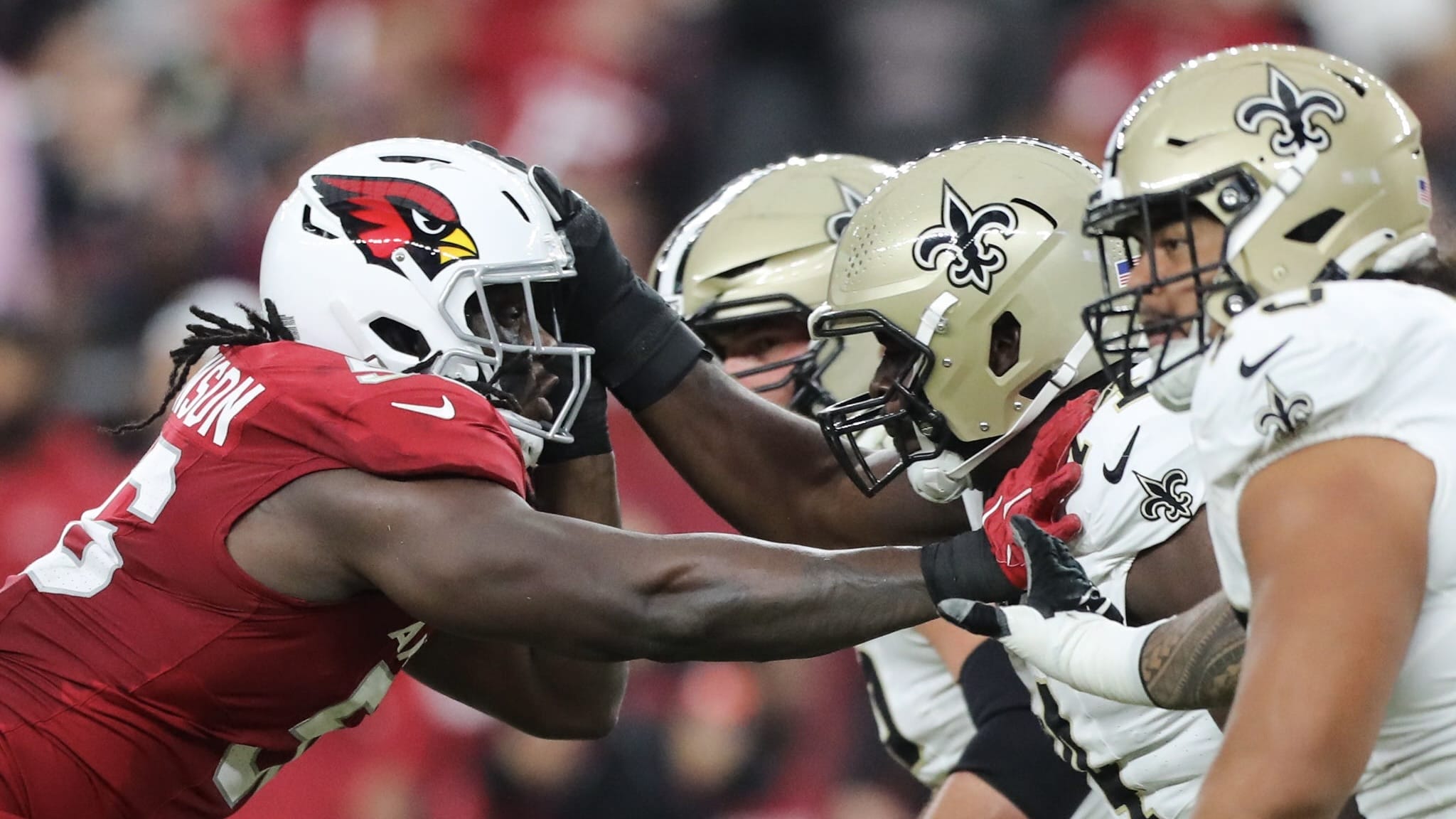 Arizona Cardinals defensive tackle Darius Robinson (56) rushes the line during a preseason game on Aug. 10, 2024 at State Farm Stadium in Glendale.