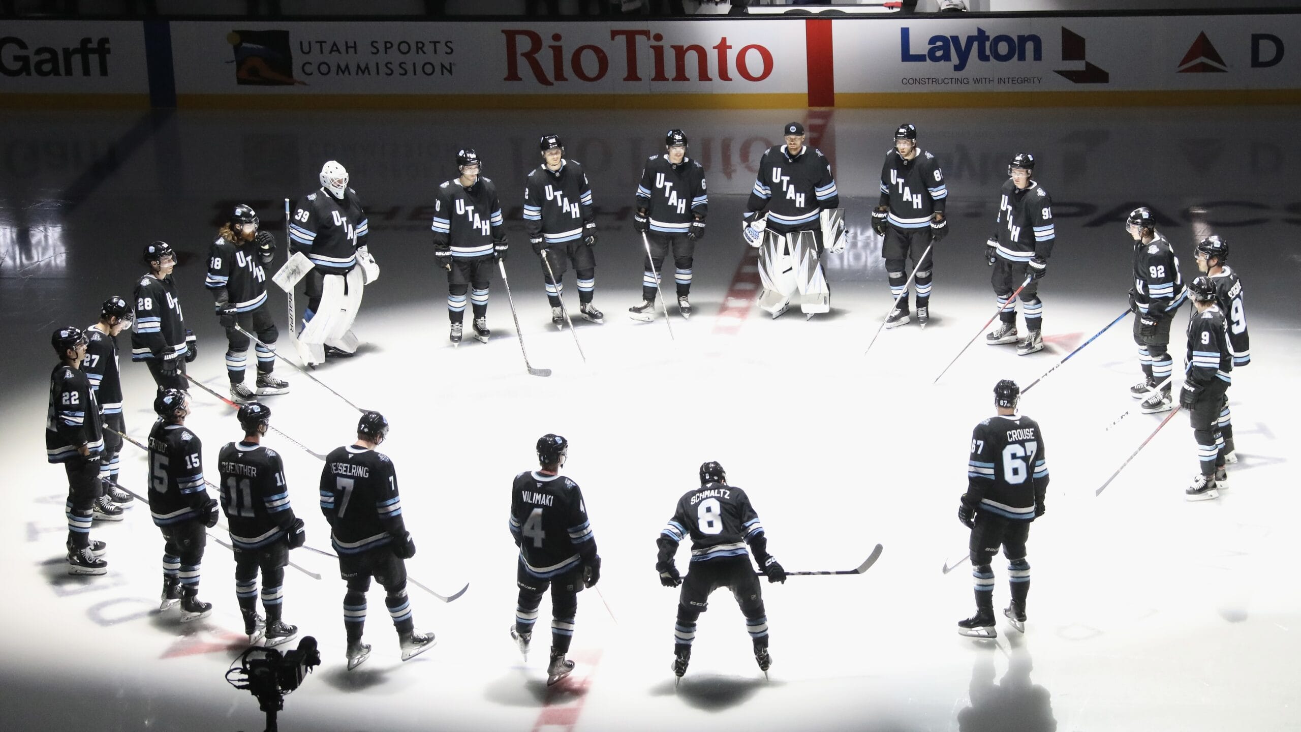 SALT LAKE CITY, UTAH - OCTOBER 08: The Utah Hockey Club are introduced prior to playing against the Chicago Blackhawks at Delta Center on October 08, 2024 in Salt Lake City, Utah. This game is the first for the franchise in Utah following their relocation from Arizona. (Photo by Bruce Bennett/Getty Images)